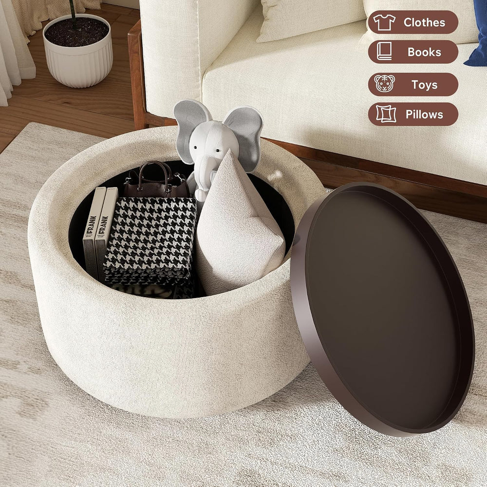 30" Round Ottoman with Storage Circular Coffee Table with Removable Wood...
