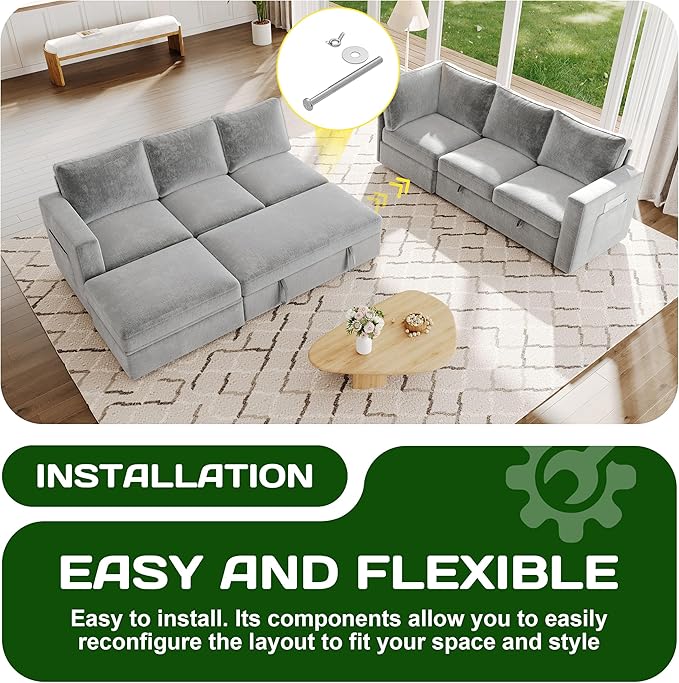 106.7" Sectional Sleeper Sofa with Pull Out Couch, Modern 7 Seat U Shaped Modular Couch, Sectionals Modular Sofa with Storage, Comfy Sectional Couches for Living Room & Apartment, Light Gray