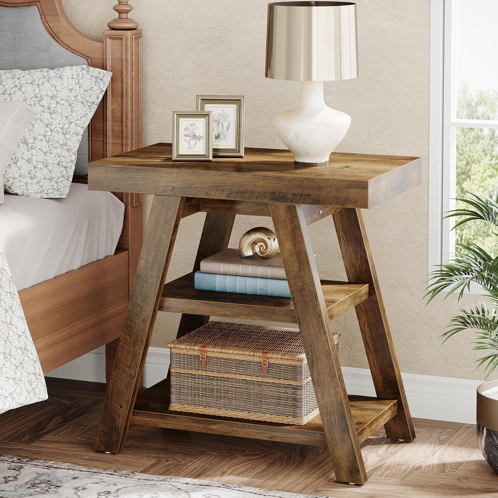 Tribesigns Farmhouse End Table, 3-Tier Wooden Sofa Side Table with Trapezoid ...