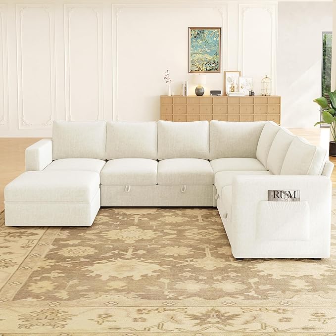 106.7" Sectional Sleeper Sofa with Pull Out Couch, Modern 7 Seat U Shaped Modular Couch, Sectionals Modular Sofa with Storage, Comfy Sectional Couches for Living Room & Apartment, Light Beige