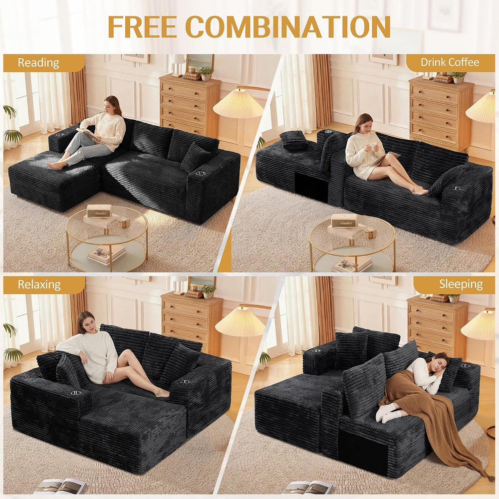 JAMFLY 103" Modular Sectional Sofa for Small Spaces, No Assembly, Black ...