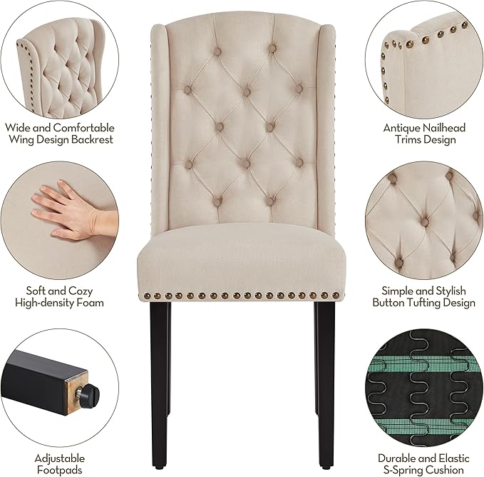 Yaheetech Upholstered Dining Chairs Set of 6 Button Tufted Kitchen Chairs with Solid Wood Legs and Nailhead Trims for Dining Room, Living Room, Restaurant, Beige