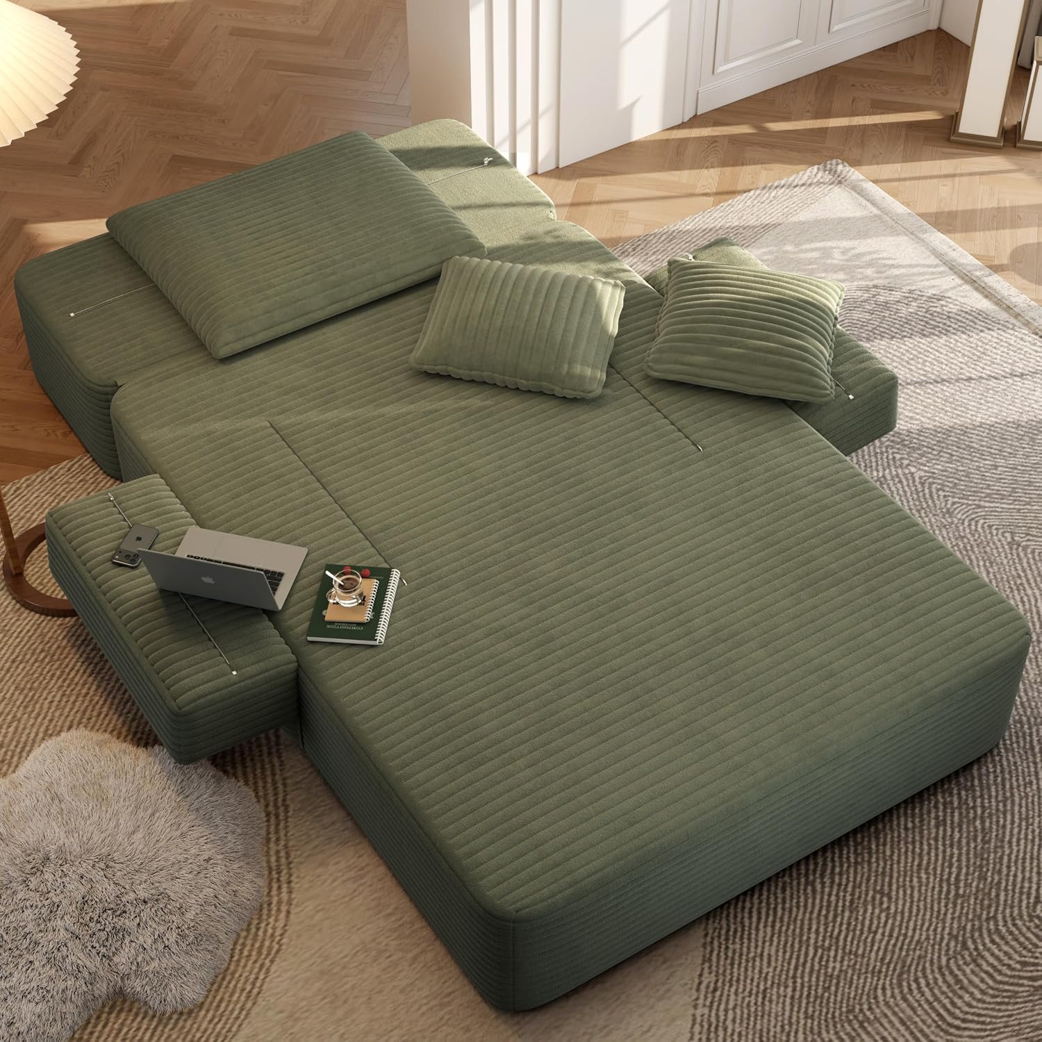 2-in-1 Convertible Chaise Lounge Indoor, 60.2" Corduroy Upholstered Chaise Lounge Chair that Converts to Sleeper Bed,Compressed Sofa with Side Storage Pockets and 3 Pillows for Bedroom Apartment Dorm