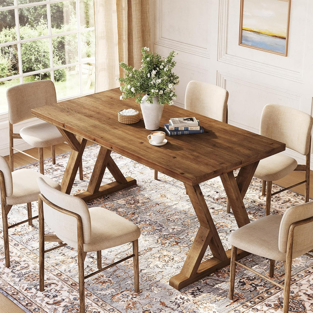 Solid Wood Dining Table for 4-6 People, 63 Inches Wooden Farmhouse Rectangula...