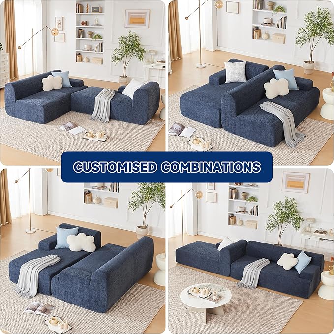 107" Modular Sectional Cloud Couch, Boneless couches Sponge sectionals for Living Room, High Density Sponges Sofa, Modular L-Shape with Chaise, Blue