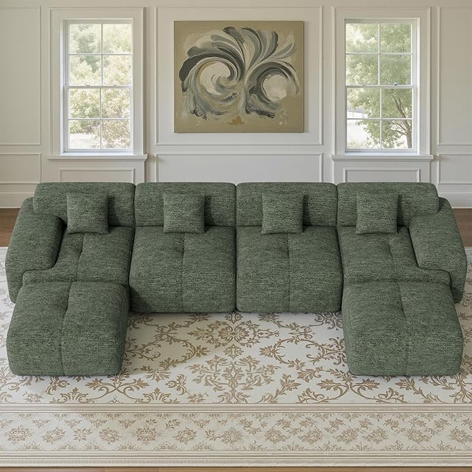 158" U Shaped Convertible Modular Couch, Cloud Couch Sectional with Ottoman, 6-Seater Chenille Boneless Couches for Living Room, Apartment, No Assembly, Green 1PCS