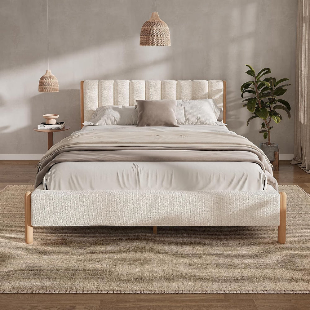 Peanu Queen Bed Frame, Boucle Upholstered Headboard, Solid Wood Legs, White