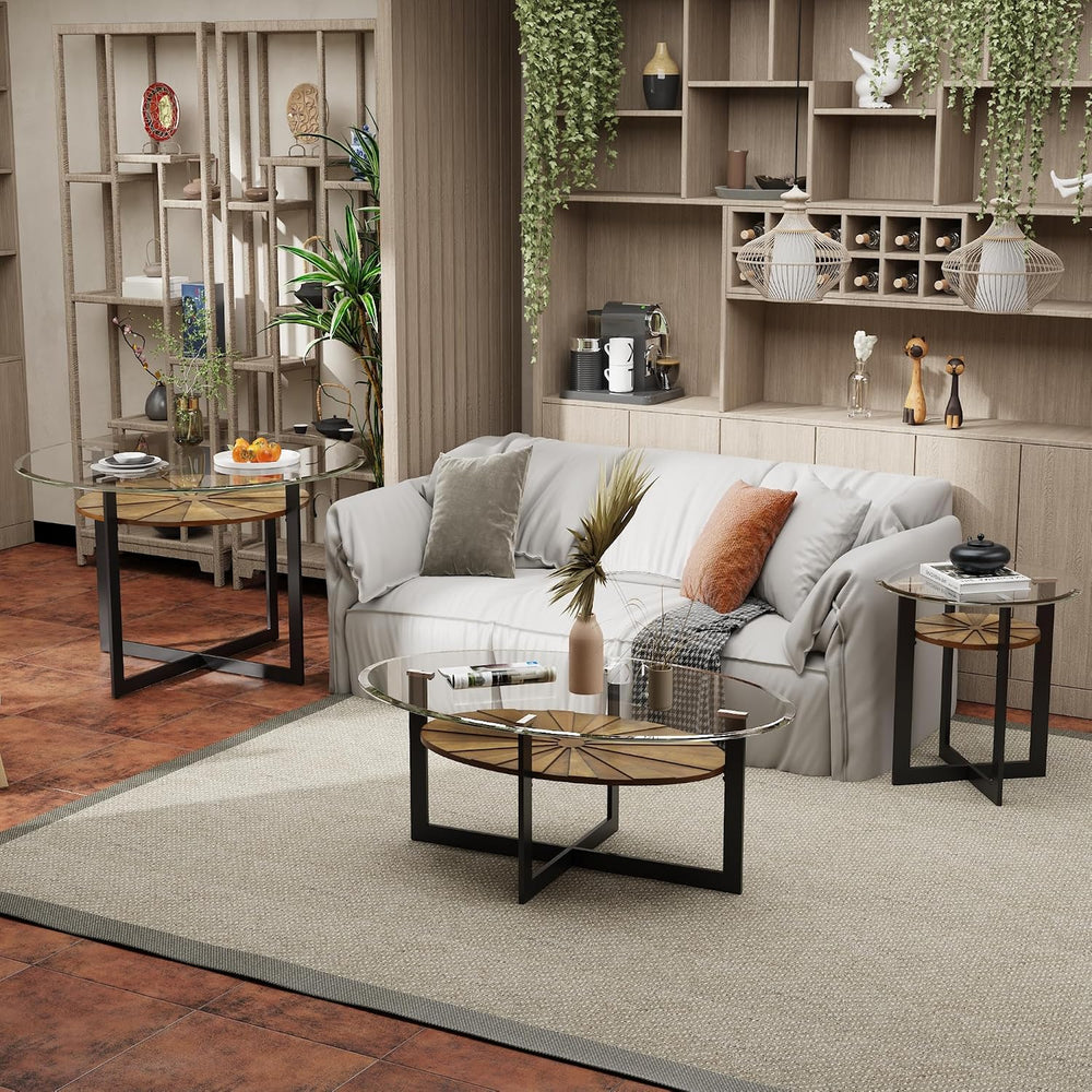 Set of 3 Living Room Tables Set -One Coffee Table and Two End Tables with Tem...