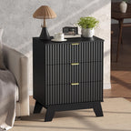 Black Night Stand with 3 Drawers, Bedside Table & End Table, 24" Wide Mid Century Modern Fluted Wood Nightstand with Metal Handles, Farmhouse Night Stands for Bedroom