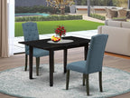 East West Furniture NOCE3-BLK-21 3 Piece Dining Table Set Contains a Rectangle Dining Room Table with Butterfly Leaf and 2 Mineral Blue Linen Fabric Parsons Chairs, 32x54 Inch, Black
