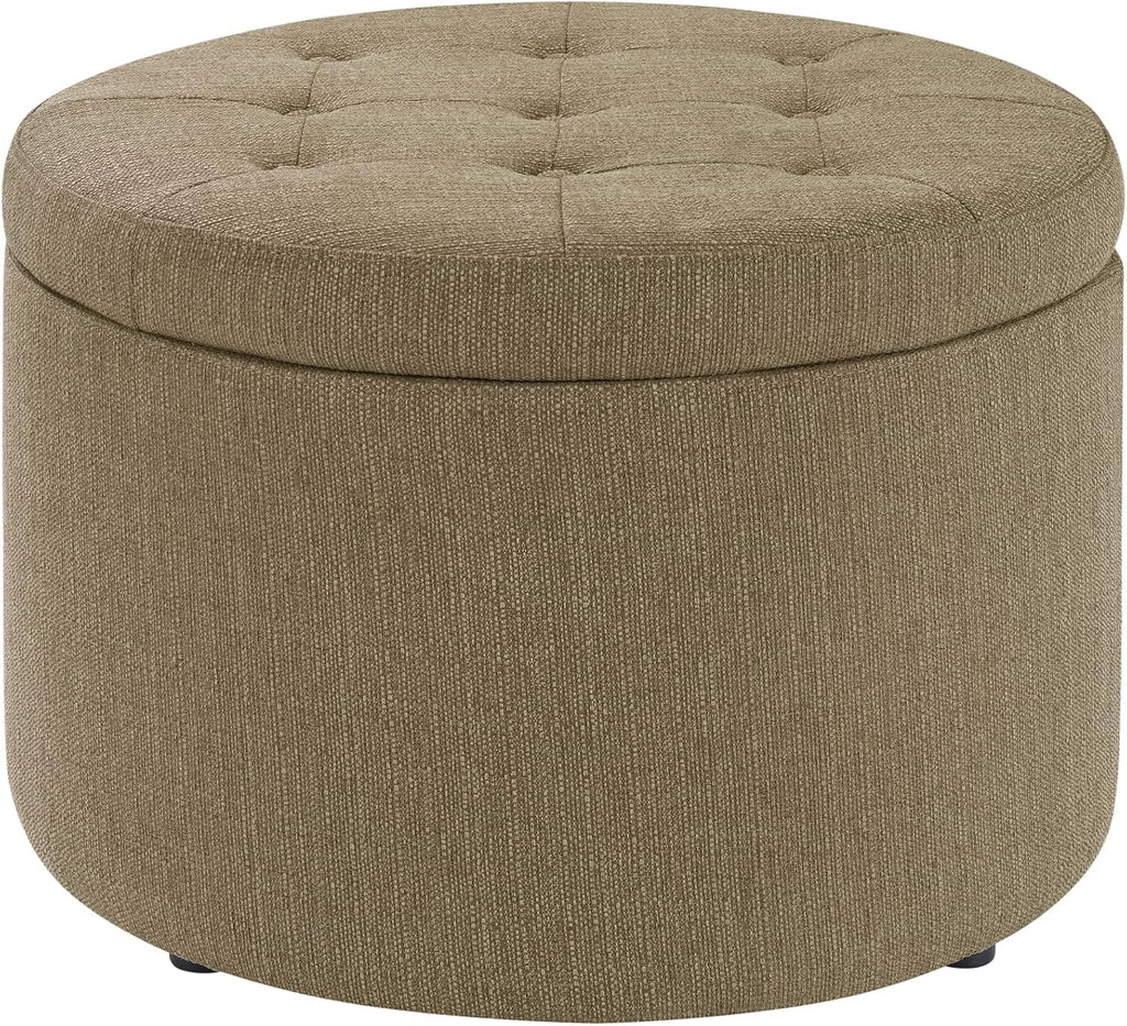 Convenience Concepts Designs4Comfort Round Shoe Ottoman 22" - Upholstered Footstool, Small Table, & Seat with Storage Compartment for Living Room, Entryway, Bedroom, Sandstone Fabric