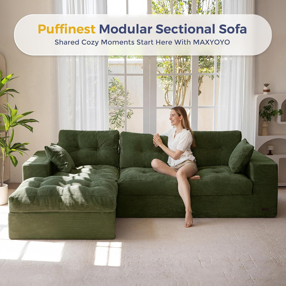 MAXYOYO Couch, 104-Inch L-Shaped Cloud Couch with Ottoman | Dark Green Uphols...