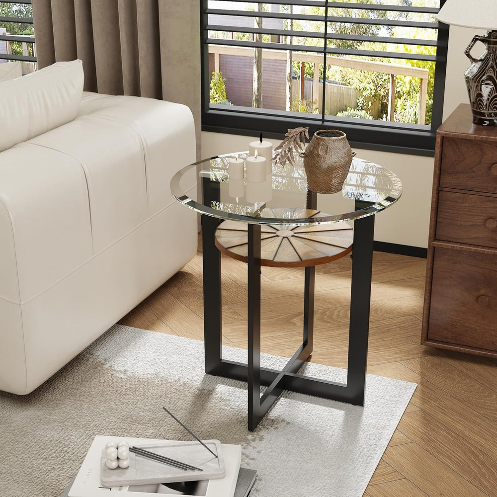 LEEMTORIG Round Glass End Table for Living Room, 23.8" Dia. x 24.4"...