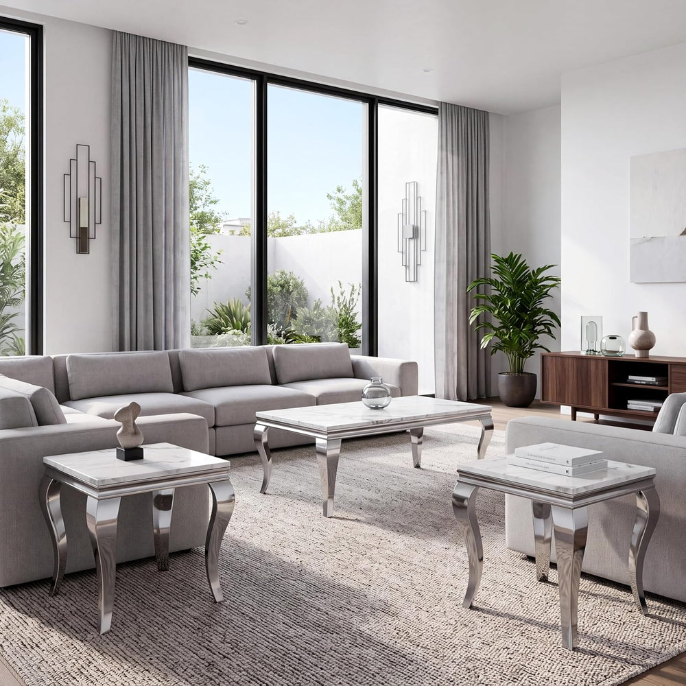 3-Piece Faux Marble Coffee Table Set with Silver Stainless Steel Legs | Moder...