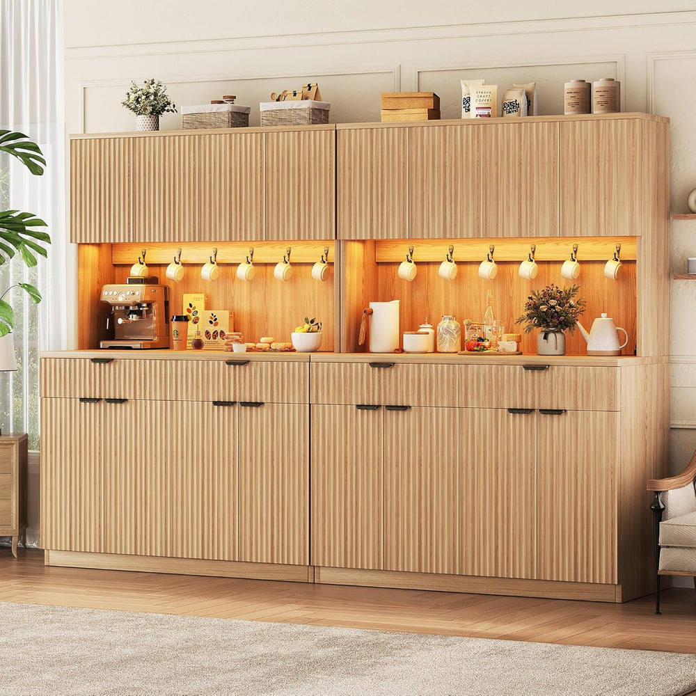 Jocoevol Fluted Kitchen Pantry Storage Cabinet with Charging Station/LED Ligh...
