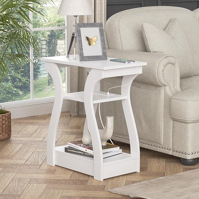 End Tables Living Room, White End Table with Charging Station,White Side Tabl...
