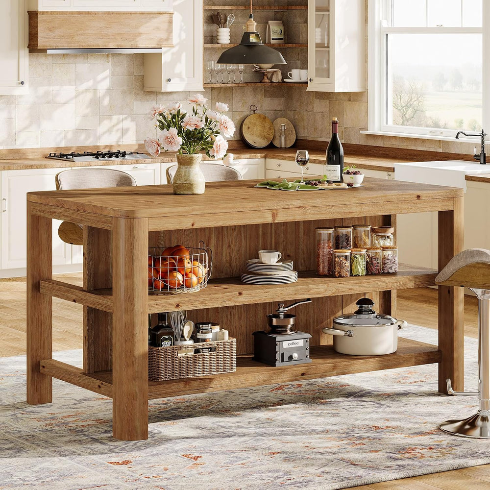 63" Solid Wood Kitchen Island with Storage Shelves, Easy Assembly | Farm...