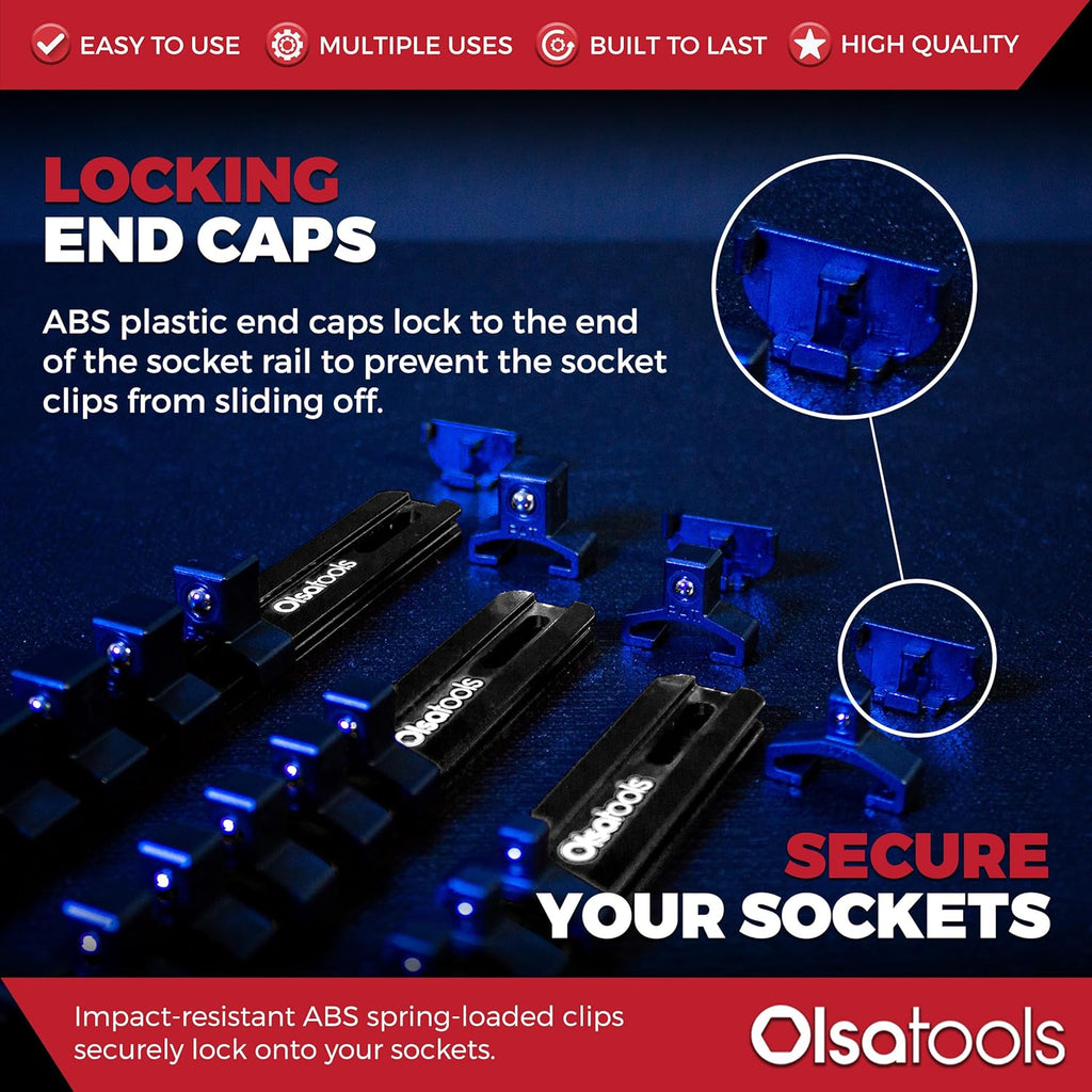 Olsa Tools Aluminum Socket Organizer, 3pc Set - Locking End Caps - 1/4-Inch Drive x 24 Clips, 3/8-Inch Drive x 18 Clips, 1/2-Inch Drive x 16 Clips - Professional Grade - Black - Part: 1181
