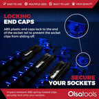 Olsa Tools Aluminum Socket Organizer, 3pc Set - Locking End Caps - 1/4-Inch Drive x 24 Clips, 3/8-Inch Drive x 18 Clips, 1/2-Inch Drive x 16 Clips - Professional Grade - Black - Part: 1181