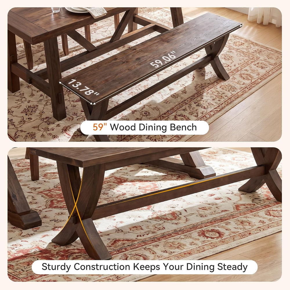 59" Solid Wood Entryway Bench, Farmhouse Long Dining Bench Seat with X-S...
