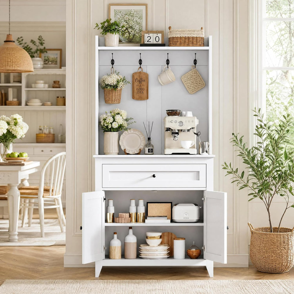 Garvee Pantry Cabinet with 4 Hooks, Kitchen Pantry Cabinet, Coffee Bar Table ...