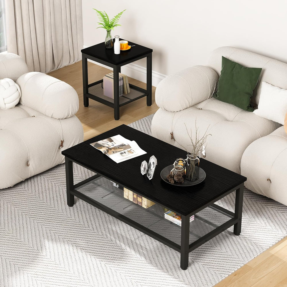 AWQM Coffee Table Set of 3, Industrial Coffee Table with 2 Square End Side Ta...