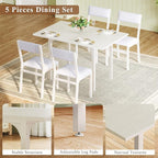 Dining Table Set for 4, Extendable Kitchen Table Cushion Chairs Set of 4, Rectangle Dining Table with Metal Frame & MDF Board, Folding for Small Apartment Saving Space, White