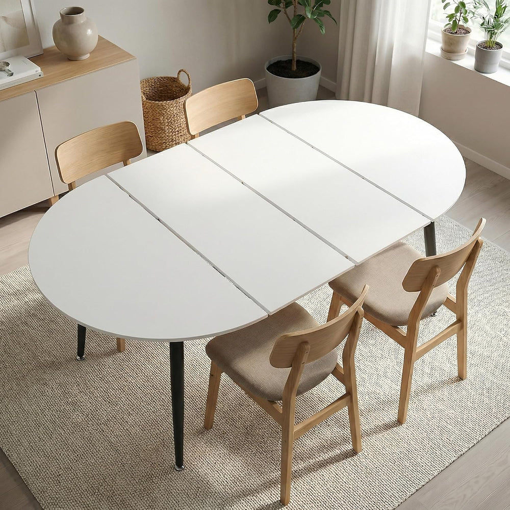 Extendable Round Dining Table for 4 6, Solid Wood for Dining Room Kitchen Off...