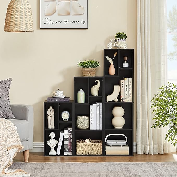 VECELO Small Bookshelf, 4 Cube Slim Bookcase, Fits Tallest Hardcovers, Horizontal Available, Modern Floor Standing Unit, Each Shelf Hold Up to 66 LBS, Matte Black