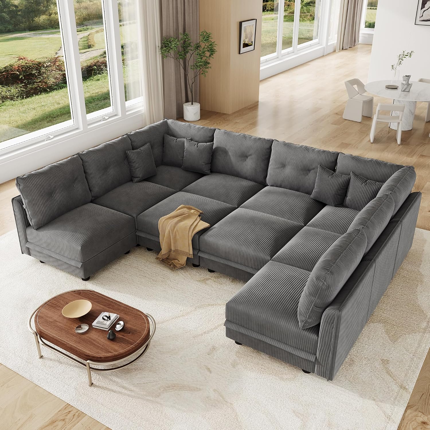 LLappuil 10 Seater Sectional Sofa with Storage, U Shaped Corduroy Modular Couch with 10 Throw Pillows, Convertible Pet-Friendly Sofas for Living Room & Large Space, Reconfigurable, Grey