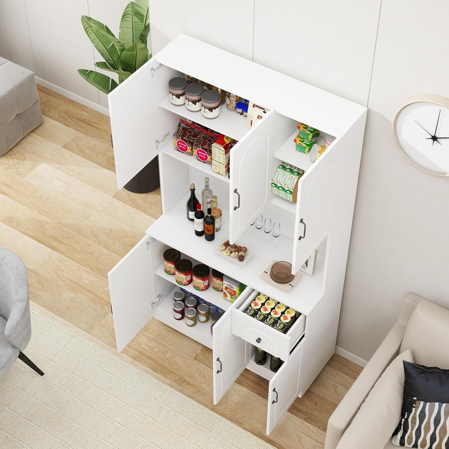 71" Pantry Cabinet,Freestanding Tall Cupboard Storage Cabinet with a Drawer,Tall Kitchen Pantry Storage Cabinet with Microwave Stand for Living Room, Dining Room,White