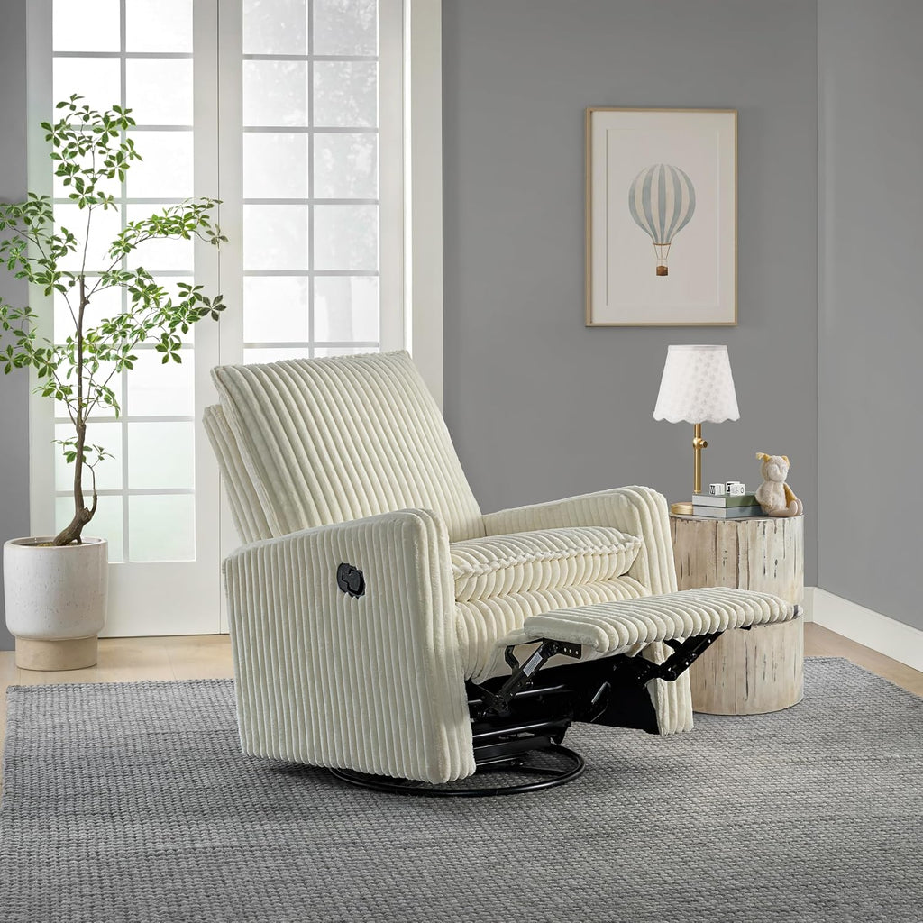 Oxford Baby Uptown Upholstered Glider Recliner Rocking Chair 360° Swivel for Nursery and Living Room - Corduroy, Pearl White