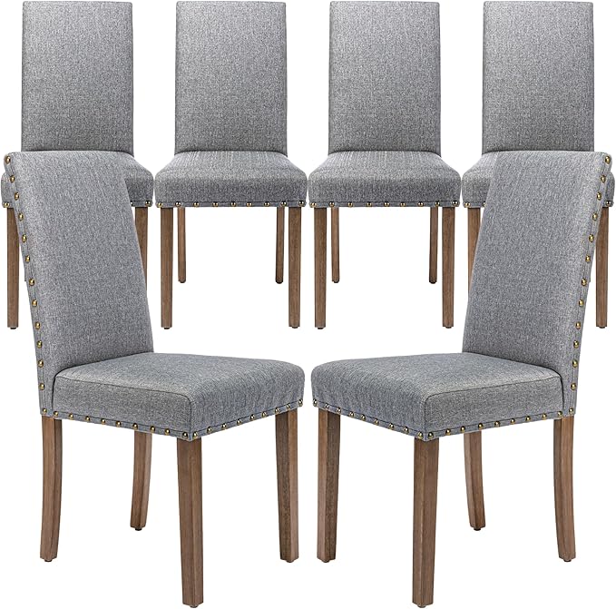 Upholstered Dining Chair Modern Stylish Parsons Kitchen Diner High Back with Bronze Nailhead Trim & Wood Legs, Set of 6, Grey