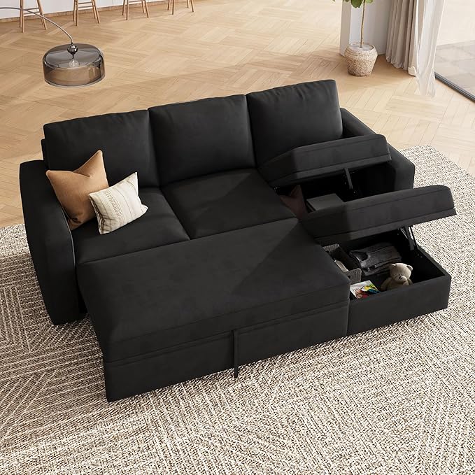 HONBAY Modular Sectional Sleeper Sofa with Pull Out Bed, L Shaped Couch with Storage Seat, Modular Sectional Couches for Living Room - Black