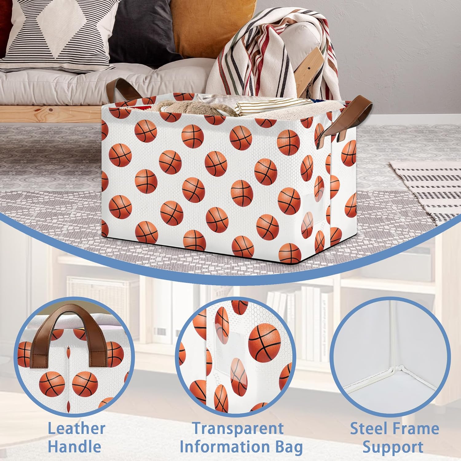 Basketball Collapsible Storage Box,Organizer Bin with Handles for Room Decoration,Bins Book Basket Box 17x11.5x10Inch