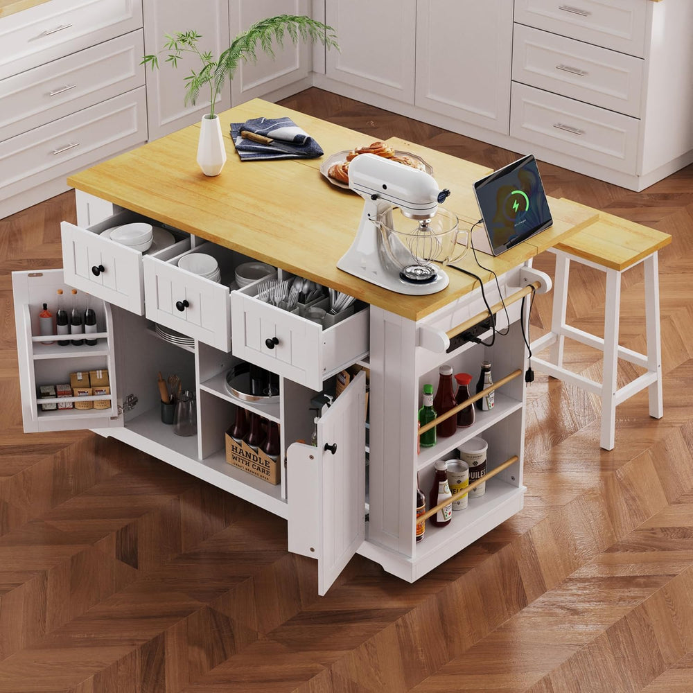 Rolling Kitchen Island with Drop Leaf & Power Outlet, Large Kitchen Islan...