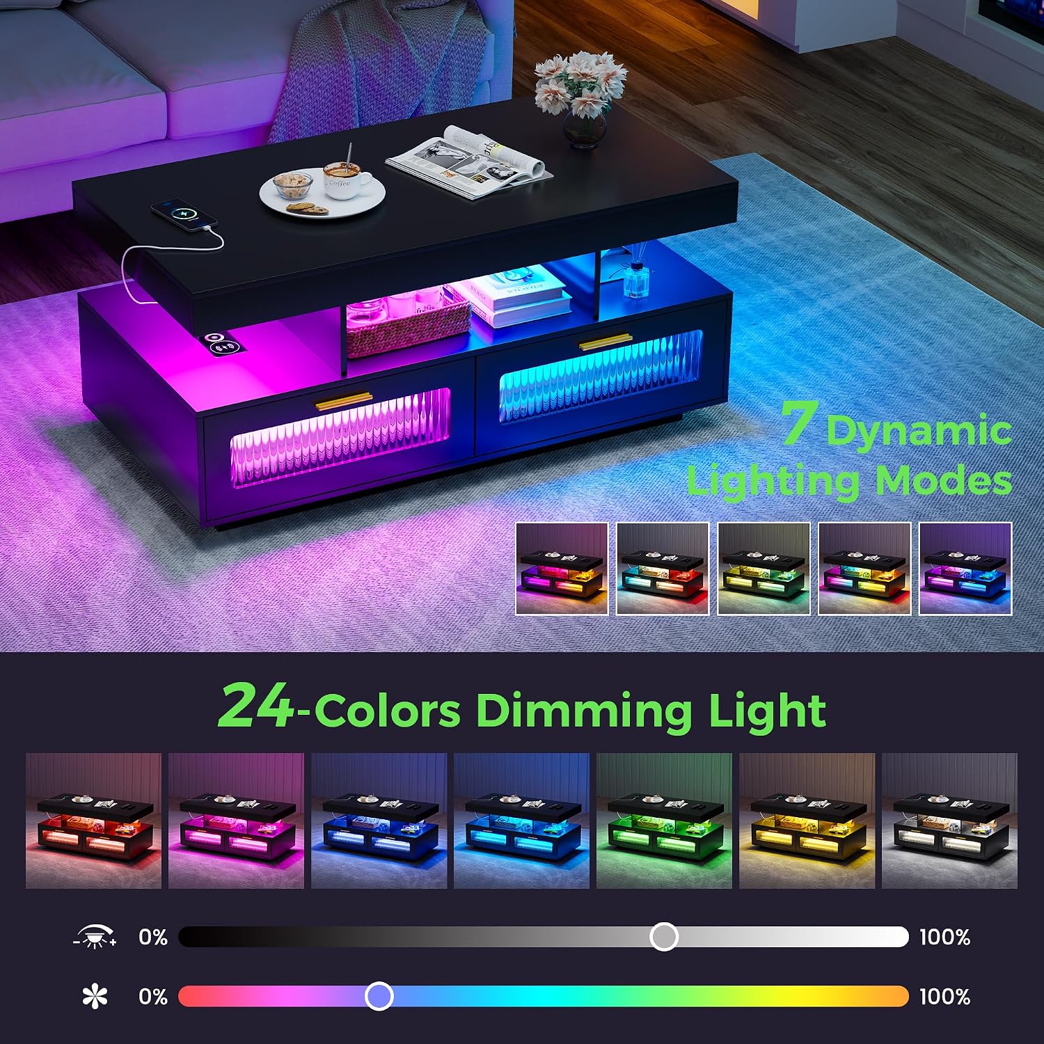 HNEBC Living Room Set, Industrial Coffee Table and TV Stand,2PCS Black | RGB Lights,Charging Station,USB-C,Wireless,2 AC Outlet,Motion-Sensor Lights,Glass doors