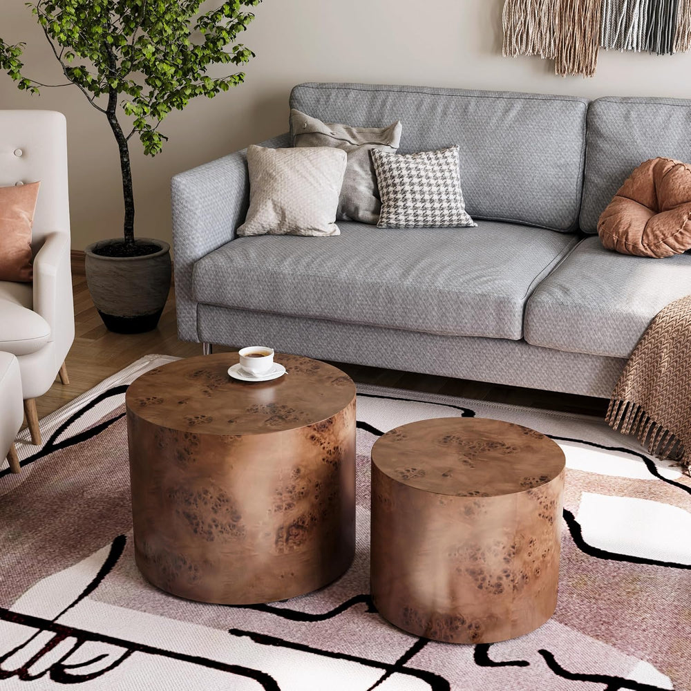Nesting Coffee Table Set of 2, Round Burl Wood Living Room Decor | Set of 2, ...