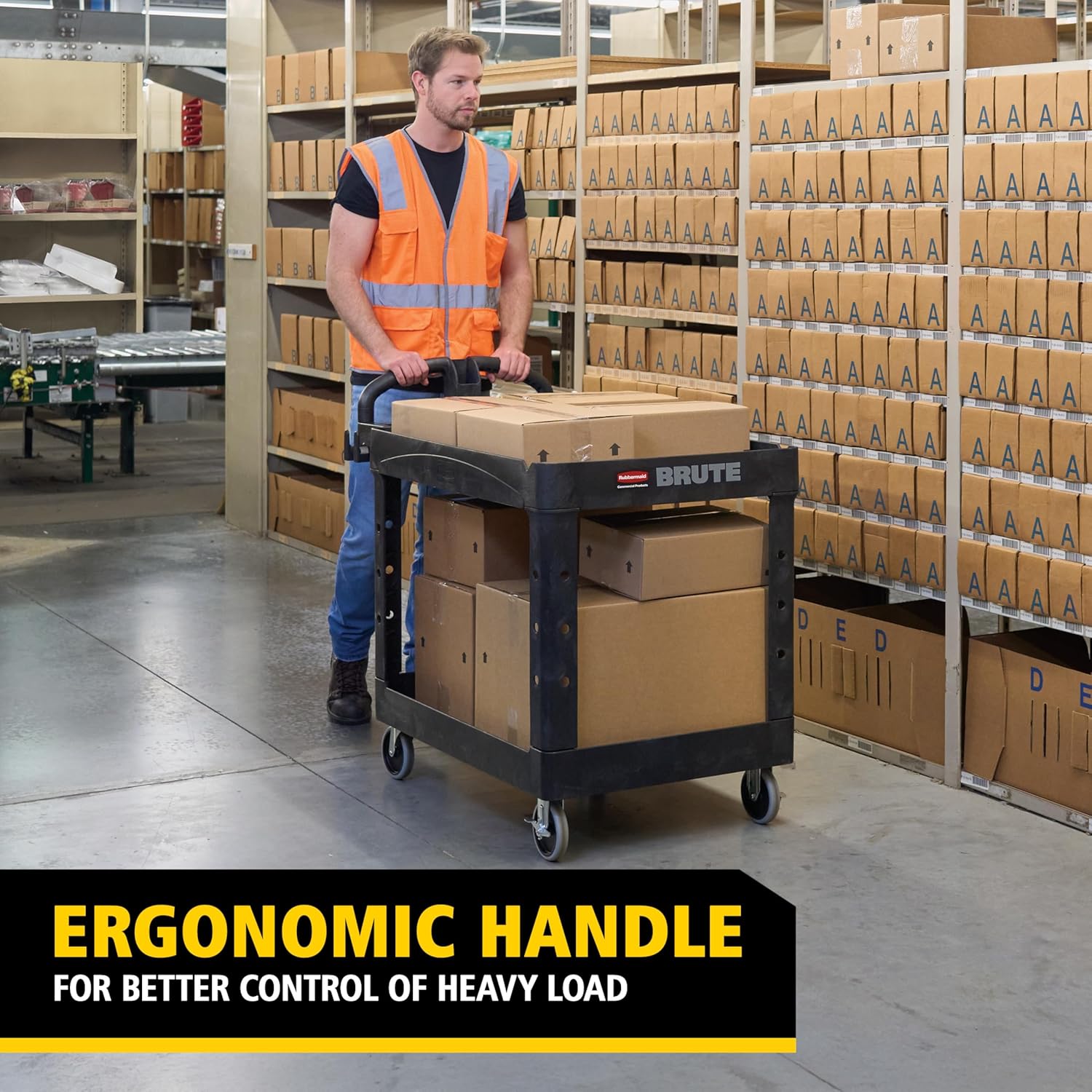 Rubbermaid Commercial Products BRUTE Heavy Duty 2-Shelf Utility/Service Cart, Medium, Lipped Shelves, Ergonomic Handle, 750 lb Capacity, Black, for Warehouse/Garage/Cleaning/Office