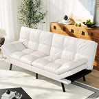 Convertible Faux Leather Sofa Couch,Memory Foam Futon Couch Bed,Small Splitback Modern Loveseat Sleeper Sofa Bed for Living Room, Office, Apartment, Pear White