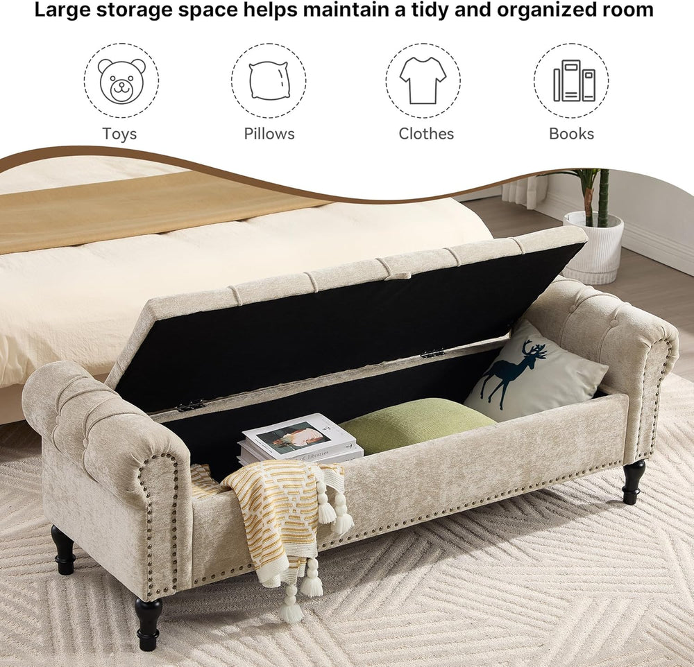 Storage Bed Bench for Bedroom, Chenille 67" End of Bed King Size Benches...