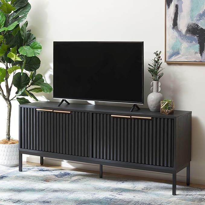 SAFAVIEH Lylia TV Stand for up to 65" Flatscreen – Black, 4 Doors with Interior Storage, Entertainment Media Console Cabinet (MED9623B)