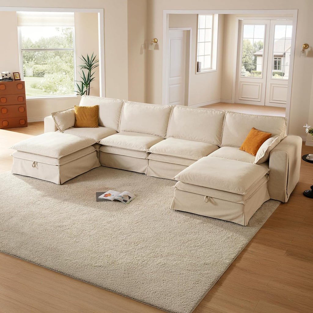 162.2" Washable Oversized Modular Sectional Sofa, Cloud Couch with Fully Removable Cover, Comfy Sectional Couches for Living Room, Performance Fabric, Beige, 4-Seater with 2 Storage Ottoman,U-Shaped