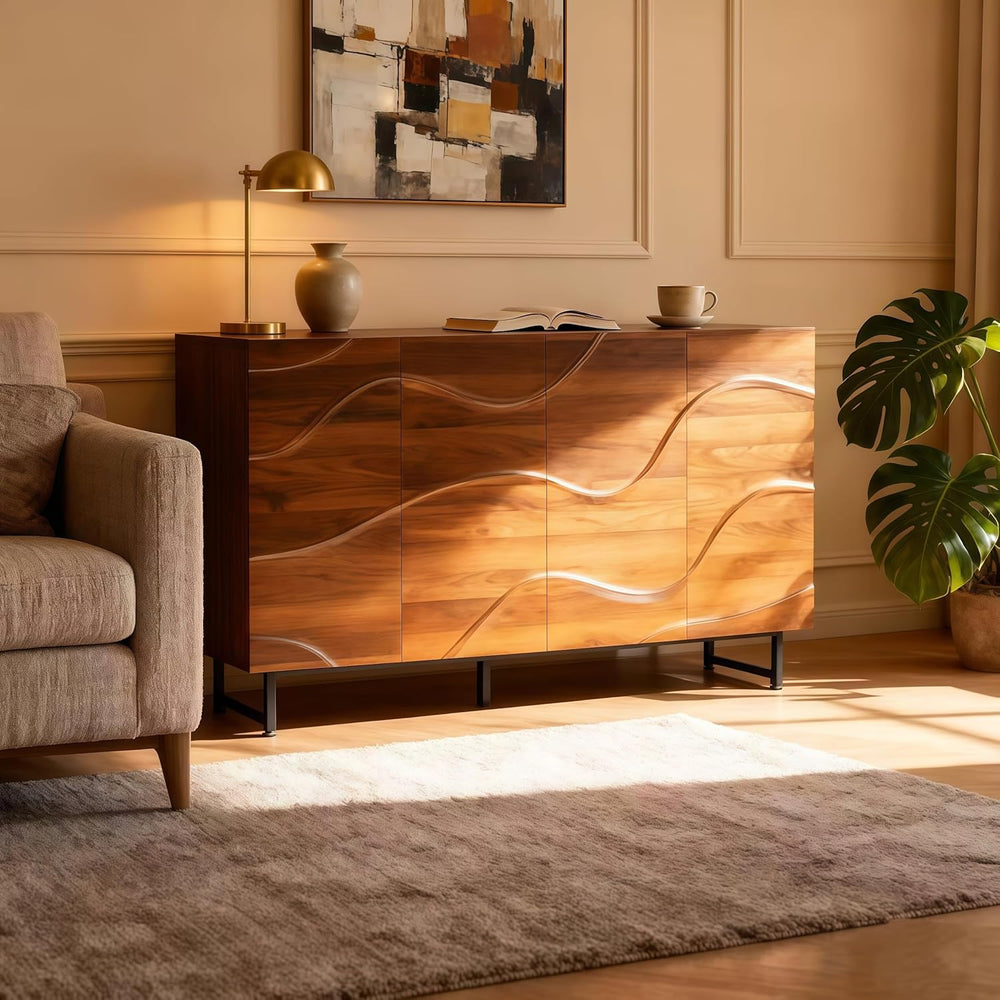 Modern Sideboard with Wave Relief Design, 59 Inch Solid Wood Storage Cabinet ...