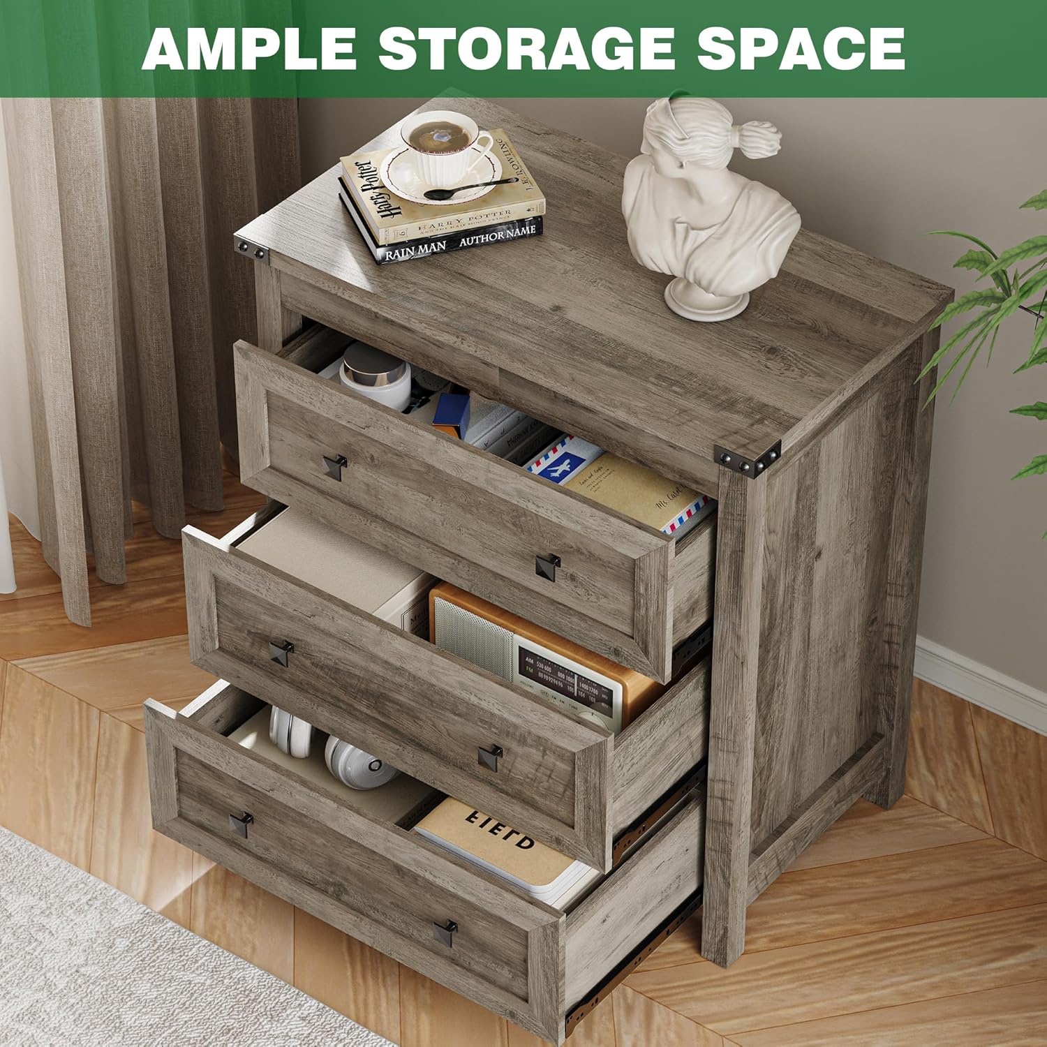Dresser for Bedroom with 3 Drawers, Small Chests of Drawers, 27.55" Wide Farmhouse Wood Nightstand Bedside Cabinet End Table, Modern Closet Storage Organizer for Living Room, Entryway, Hallway, Grey