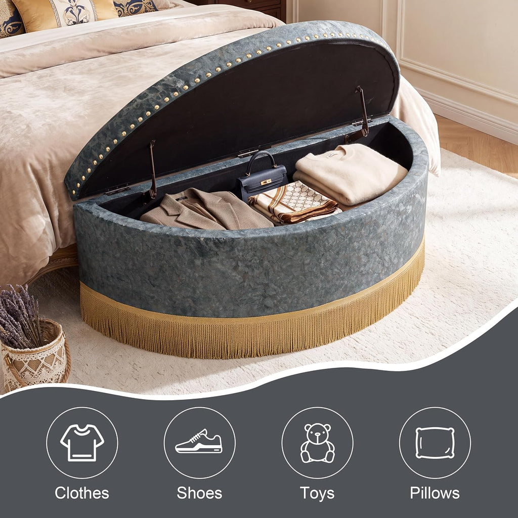 Homebeez 43.3" Half Moon Ottoman, Velvet Tufted Upholstered Footstool, with Nailhead Trim & Bullion Fringe, Decorative Accent Seating for Living Room, Bedroom, Entryway, Vanity, Vintage Furniture