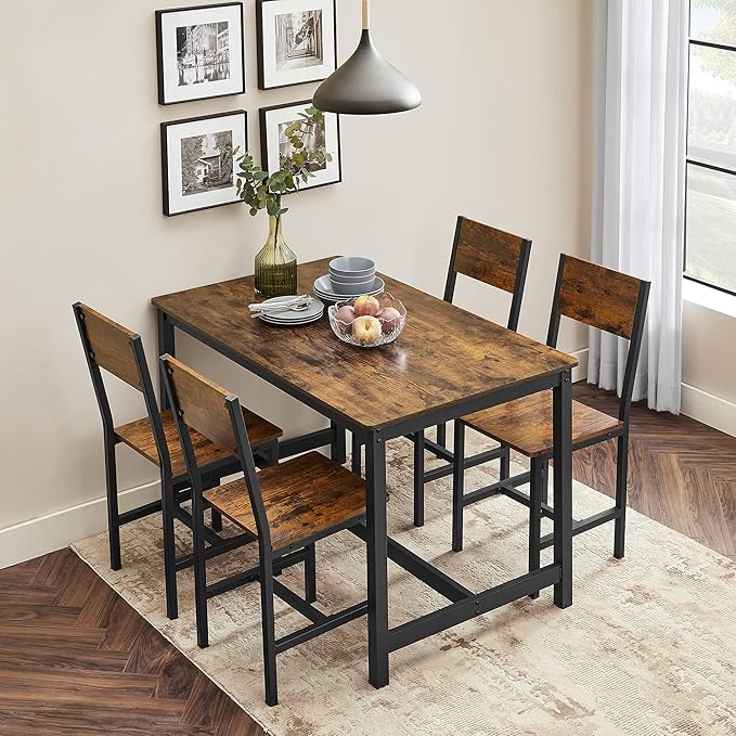 VASAGLE Dining Chair Set of 2, Rustic Wood Chairs with Metal Steel Frame, Easy to Assemble, Comfortable Seat, Modern Farmhouse Chair for Kitchen, Bedroom, Living Room, Rustic Brown and Ink Black