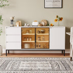 Freestanding Storage Cabinet with 3 Dawers, 3 Shelves, Single Door & French Door, Rectangular Wood Kitchen Pantry, Modern Minimalist, for Living Room, Dining Room, White
