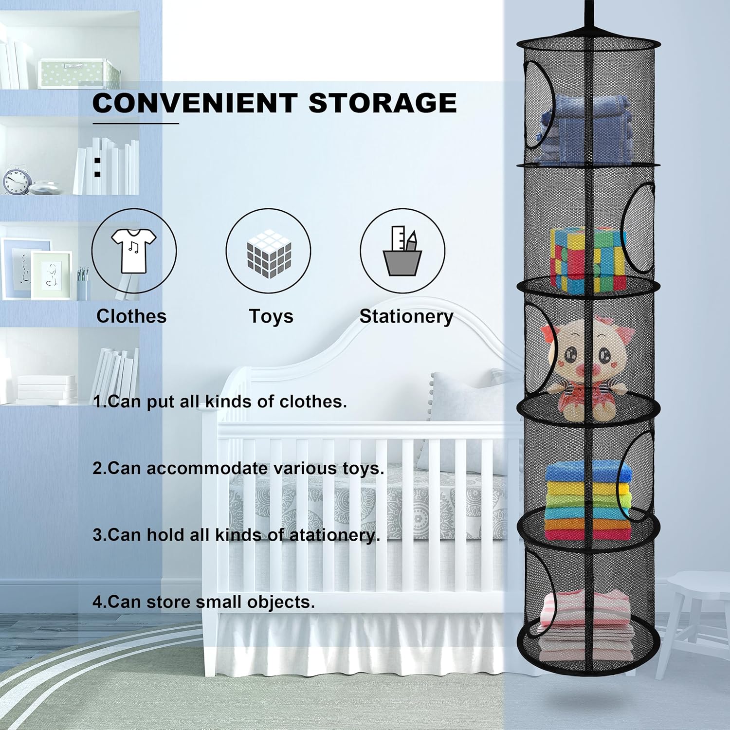 Libeder Mesh Hanging Storage Space Saver Bags Organizer,Foldable Storage Organizer 5 Compartments Toy Storage Basket for Kids Room Bathroom 2 Sets, Black