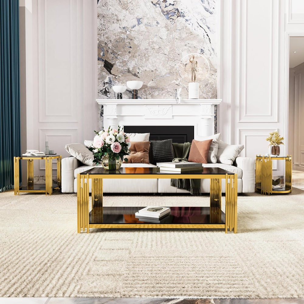 Black Mirror End Table for Living Room, Square,Asymmetrical Metal, Gold Lower...